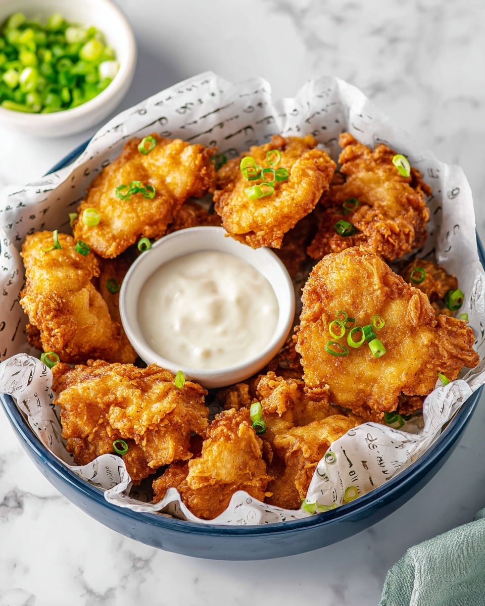 A round blue bowl lined with printed parchment paper holds several pieces of golden fried chicken with a crispy texture and a few small green onion pieces scattered on top. In the center of the bowl, there is a small white bowl filled with smooth white dipping sauce. Behind the bowl, a small white dish contains chopped green onions, all placed on a white marbled surface. Photo taken with an iphone --ar 4:5 --v 7