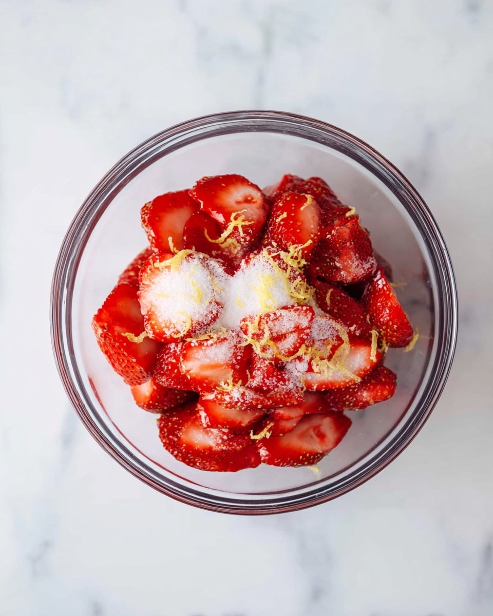 A clear glass bowl is filled with sliced bright red strawberries topped with a sprinkle of white granulated sugar and thin strands of pale yellow lemon zest. The strawberry slices have a juicy, slightly textured look and fill the bowl generously, showing both inner and outer red surfaces. The sugar is unevenly spread over the top, creating a sparkling contrast against the strawberries, while the lemon zest adds a fine, delicate touch with its light yellow color. The bowl sits on a white marbled surface that enhances the fresh and vibrant colors of the dish photo taken with an iphone --ar 4:5 --v 7