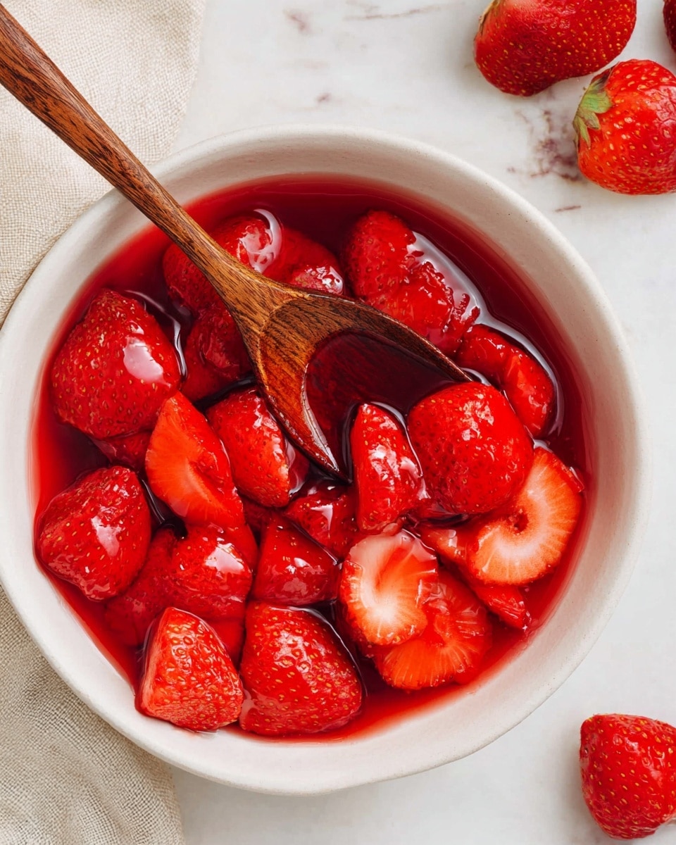 A white bowl filled with bright red strawberries, some whole and some sliced, all covered in a shiny red syrup. In the bowl, a spoon with a wooden handle holds a few strawberries also coated in the syrup. On the white marbled surface around the bowl, there are halved strawberries adding extra bright red color and fresh feel. Photo taken with an iphone --ar 4:5 --v 7