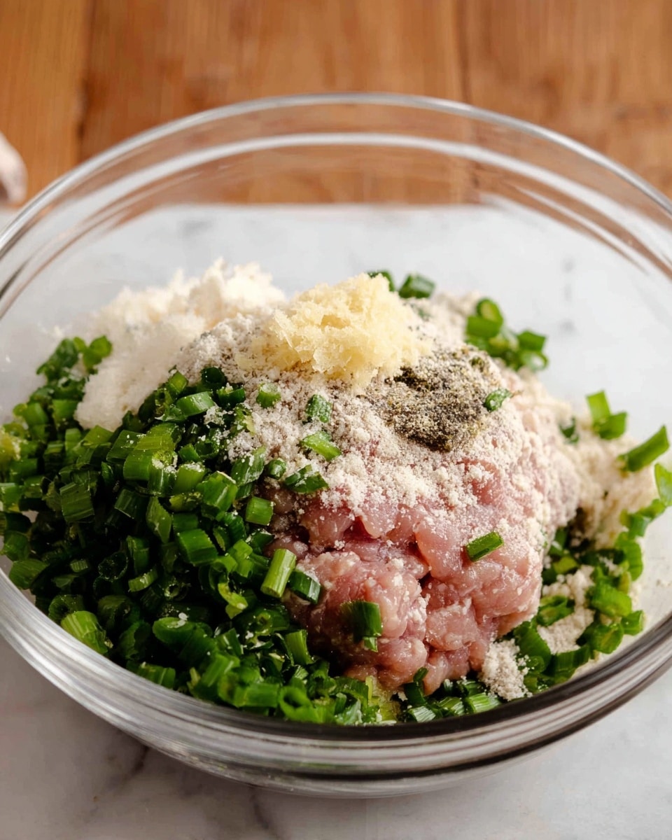A clear glass bowl sits on a white marbled surface filled with layers of ingredients. At the bottom is a mound of light pink raw ground chicken, topped with a thick layer of chopped green onions that spread out around the edges. On top of the green onions, there are scattered white and light brown powders, likely seasonings, and a small pile of finely grated pale yellow ginger is placed slightly to one side. The textures range from soft and wet meat to the dry powder and fresh, crisp green onions. The setup is simple and clean, with a blurred wooden background behind the bowl. Photo taken with an iphone --ar 4:5 --v 7