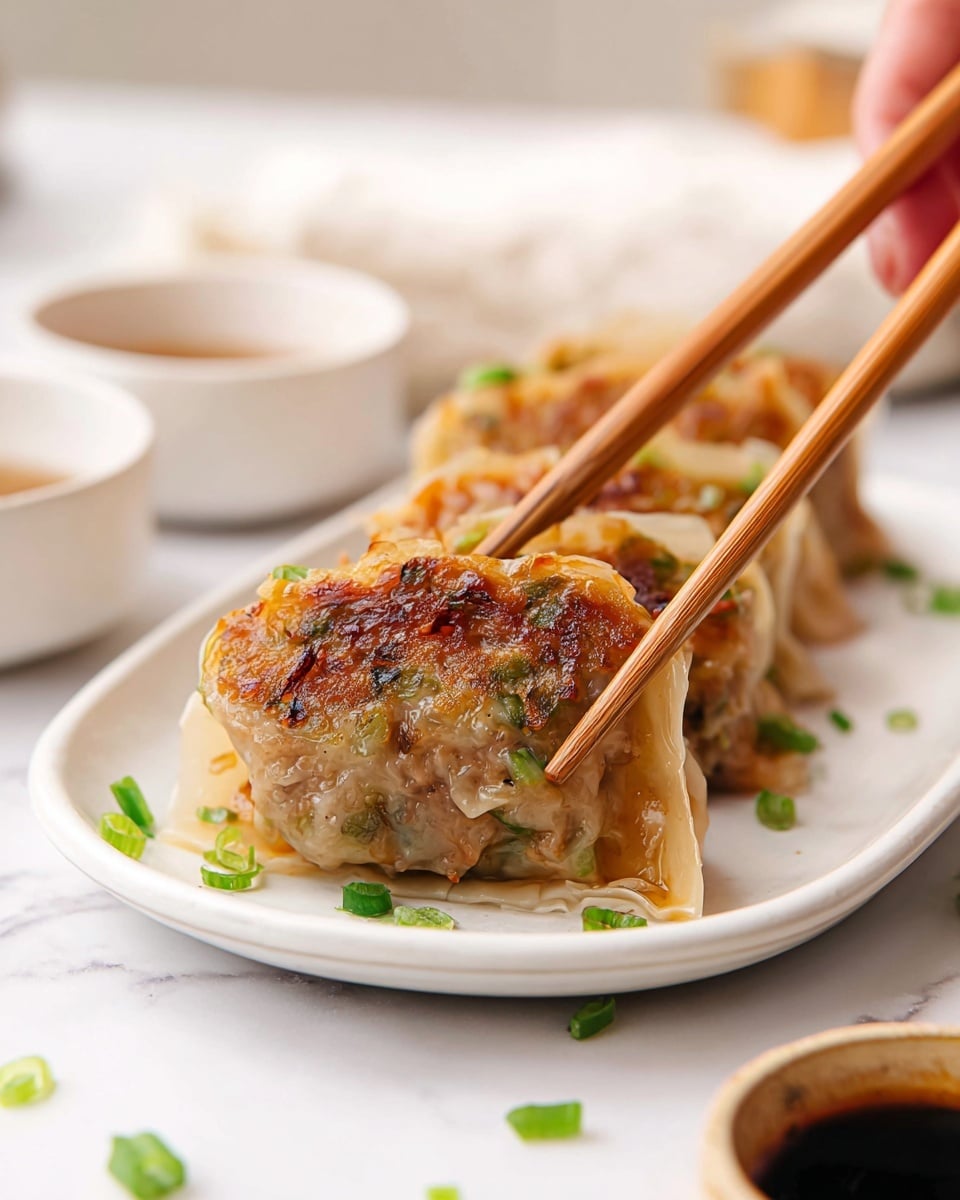 The image shows four browned dumplings placed in a row on a white plate, each dumpling having a crispy, golden-brown layer on top with visible green onion pieces mixed inside. The dumplings have a translucent, slightly wrinkled dough base folded around the filling. A pair of wooden chopsticks held by a woman's hand are picking up the dumpling at the front. Some scattered chopped green onions are sprinkled around the plate on a white marbled surface, and in the background, there are blurred white bowls with dipping sauce. photo taken with an iphone --ar 4:5 --v 7