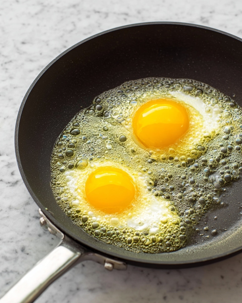 Two raw eggs are frying in a black pan with a silver handle, sitting on a white marbled surface. The eggs have bright yellow yolks that are round and shiny, surrounded by translucent egg whites that are starting to turn opaque. The pan's dark interior contrasts with the vibrant yellow yolks and the bubbling oil or butter that creates a slightly textured surface around the eggs. Photo taken with an iphone --ar 4:5 --v 7