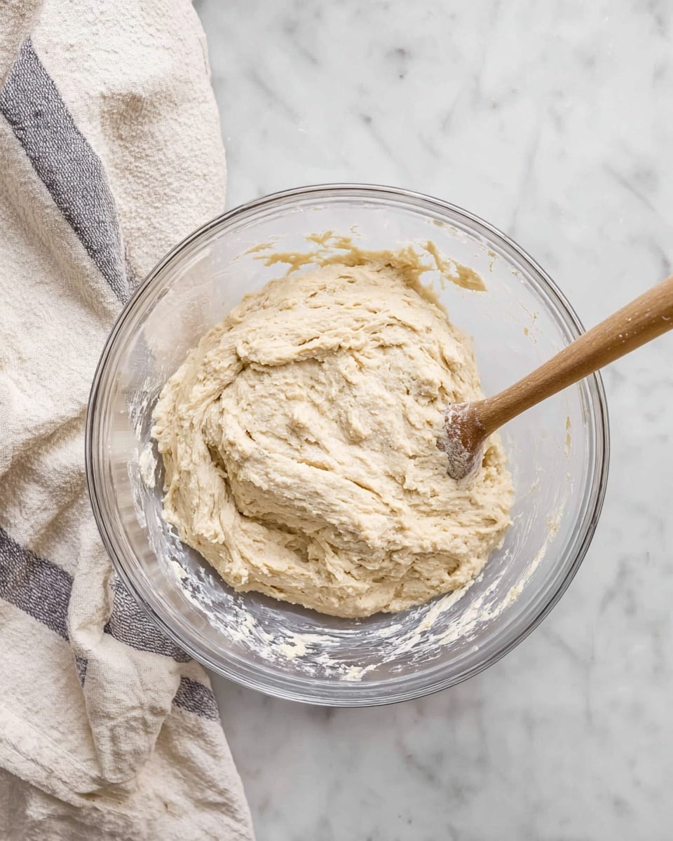 A clear glass bowl with thick, light beige dough inside, showing a rough, sticky texture with some folds and air pockets, placed on a white marbled surface. A wooden spoon with a light brown handle is partly buried in the dough on the right side of the bowl. To the left of the bowl, there is a cream-colored cloth with gray stripes resting on the surface. The scene has a clean, natural look with soft lighting. photo taken with an iphone --ar 4:5 --v 7