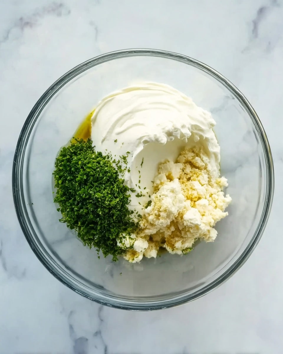 A clear glass bowl sits on a white marbled surface, holding four distinct layers of ingredients. The largest layer is a thick, smooth white cream positioned on the right side. Next to it on the bottom right is a crumbly, pale yellow cheese layer with small chunks. To the left of the cheese, there is a bright green heap of finely chopped herbs with a soft, leafy texture. Above the green herbs and to the top left is a small pool of golden olive oil with a shiny, liquid appearance. photo taken with an iphone --ar 4:5 --v 7
