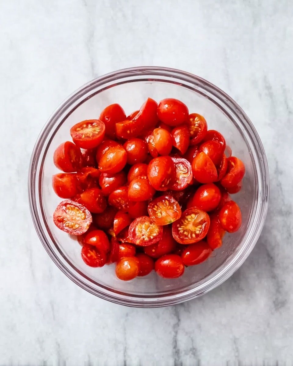 A clear glass bowl filled with halved cherry tomatoes that are bright red and shiny, showing their juicy inside with small seeds; the bowl is placed on a white marbled surface, and the tomatoes fill the bowl about halfway, with no other ingredients visible inside photo taken with an iphone --ar 4:5 --v 7