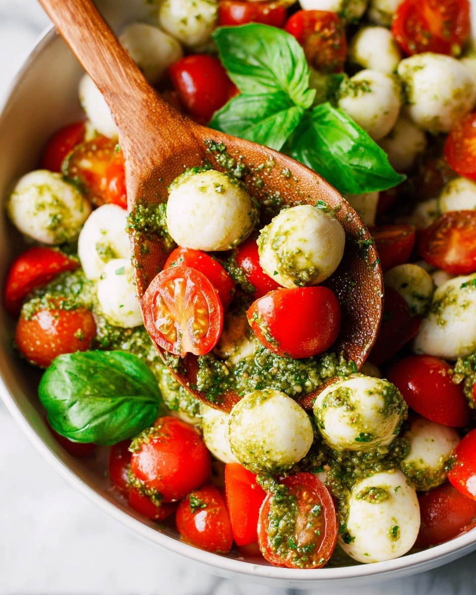 The image shows a close-up of a colorful salad with three main layers: small round white mozzarella balls, bright red cherry tomato halves and whole cherries, and a green pesto sauce with a coarse texture that is lightly spread over the mozzarella and tomatoes. There are a few whole fresh green basil leaves scattered on top, adding a vibrant touch. A wooden spoon is scooping some of the salad, with red tomatoes and creamy mozzarella clearly visible in the spoon. The salad is in a white bowl sitting on a white marbled surface. Photo taken with an iphone --ar 4:5 --v 7
