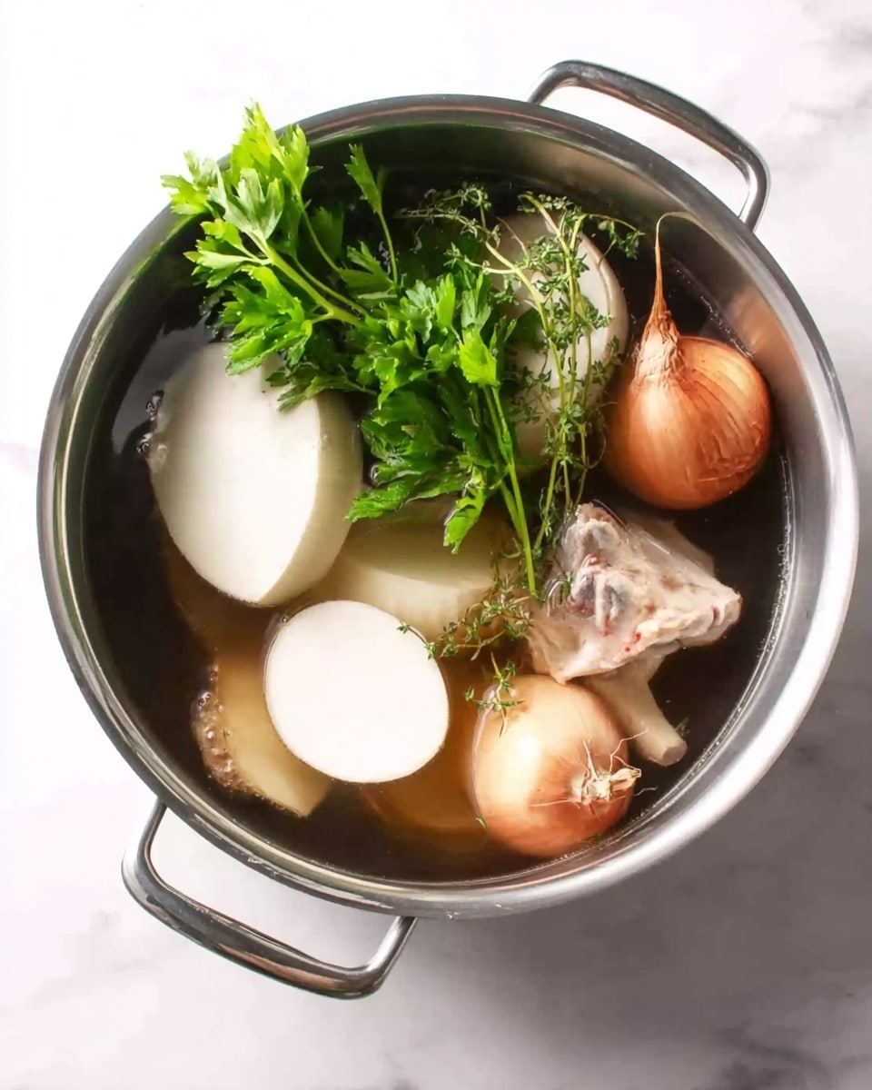 A stainless steel pot filled with clear water containing several ingredients for broth: four large pieces of white root vegetable, two whole light brown onions with some skin on, a whole clove of garlic, a small bunch of fresh green parsley resting on top, and a piece of light brown meat with bone on the side. The pot is on a white marbled surface. photo taken with an iphone --ar 4:5 --v 7