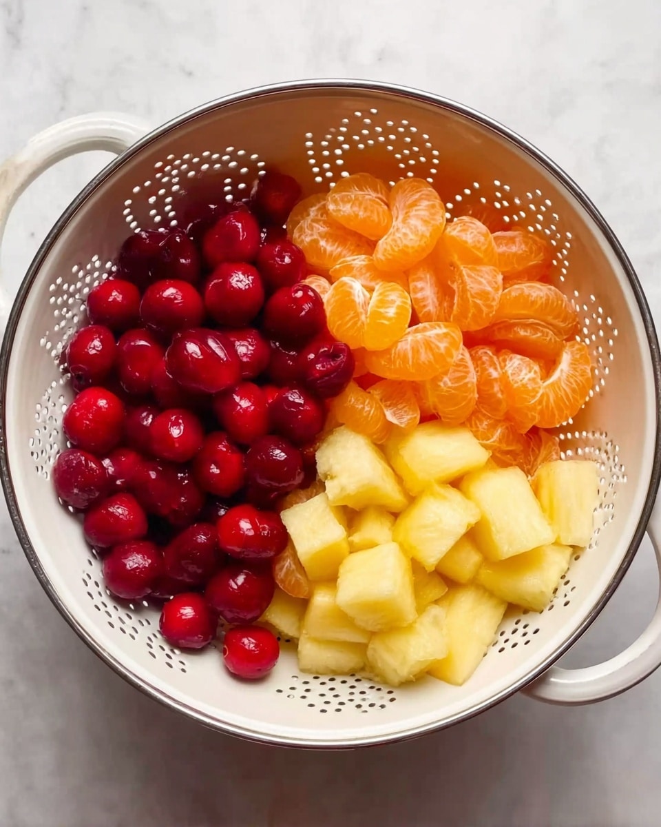 A white colander filled with three types of fruit, divided into separate sections. On the left, there are bright red cherries with a smooth, shiny surface. On the top right, peeled orange mandarin segments that look juicy and slightly translucent. On the bottom right, pale yellow pineapple chunks with a soft texture. The colander sits on a white marbled surface. photo taken with an iphone --ar 4:5 --v 7