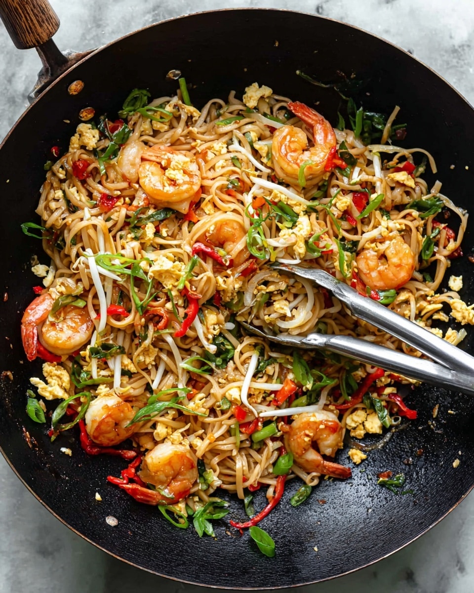 A black wok filled with a colorful shrimp noodle dish, showing layers of light brown noodles mixed with whole cooked shrimp that have an orange-pink color and a slightly shiny texture. Scattered through the noodles are bright red strips of pepper, pale yellow scrambled egg pieces, and light green sliced scallions. Small white bean sprouts and chopped green herbs add contrast and freshness on top. Two silver cooking tongs rest inside the wok, ready to serve. The wok is set on a white marbled surface. photo taken with an iphone --ar 4:5 --v 7