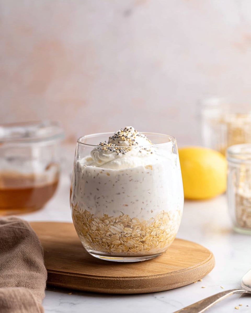 A clear glass holds a three-layered mixture on a white marbled surface. The bottom layer consists of golden oats with a rough texture. Above that is a creamy white layer of soaked oats mixed with milk or yogurt, speckled lightly with small grains. The top layer is a smooth dollop of white whipped cream, crowned with a sprinkling of tiny beige chia seeds. The glass sits on a wooden chopping board, with blurred glass containers and a lemon softly colored in the background. Photo taken with an iphone --ar 4:5 --v 7