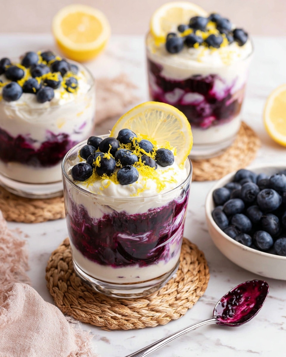 The image shows three clear glass cups filled with layered blueberry parfaits placed on a white marbled surface. Each cup has three layers: at the bottom is a creamy white layer, in the middle a dark purple blueberry layer with swirls mixing into the white, and a top layer of white cream. The parfaits are decorated with fresh blueberries scattered on top, bright yellow lemon zest, and a slice of lemon resting on the rim of the nearest cup. The cups are placed on woven round mats and a white plate nearby holds more fresh blueberries. A spoon with dark purple blueberry residue rests close to one of the cups. Photo taken with an iphone --ar 4:5 --v 7
