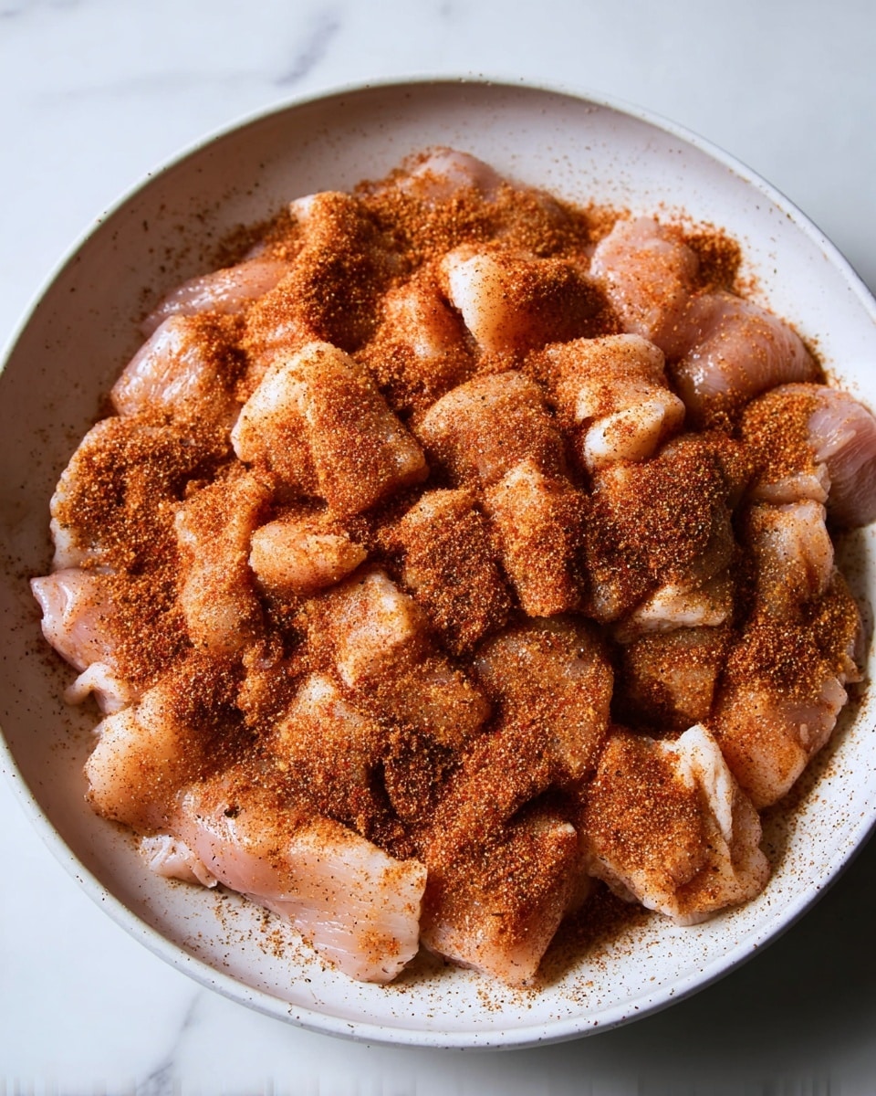 A white bowl filled with many pieces of raw chicken, each piece covered evenly with a loose layer of reddish-brown spices. The chicken pieces are light pink with a soft texture, and the spice layer adds a grainy, powdery look on top. The bowl sits on a white marbled surface, with the spices creating a warm contrast against the pale chicken underneath. photo taken with an iphone --ar 4:5 --v 7