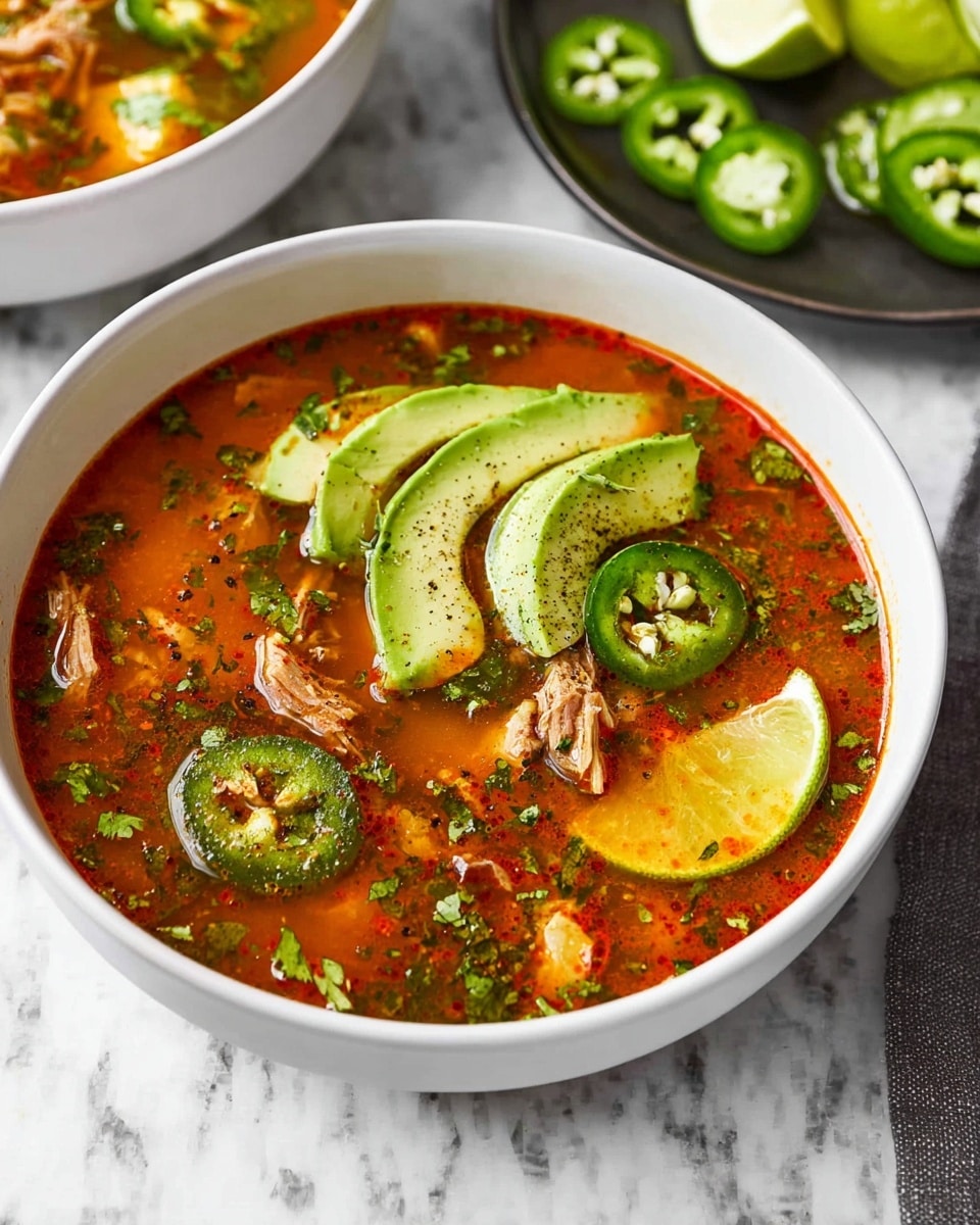 A white bowl filled with a rich orange-red broth with visible chopped herbs and small pieces of meat. On top, there are several slices of light green avocado with black pepper sprinkled on them, two green jalapeño rings, shredded meat, and a wedge of bright green lime placed at the edge. The bowl is on a white marbled surface, and in the background, there is a white bowl with the same soup and a black plate holding lime wedges and sliced jalapeños. Photo taken with an iphone --ar 4:5 --v 7