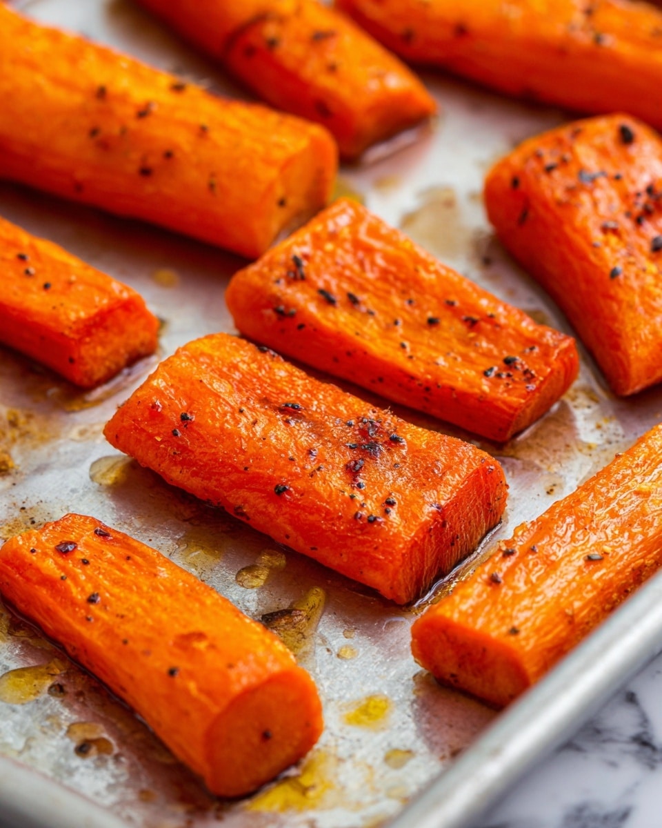 The image shows several roasted carrot pieces placed on a metal baking tray with a shiny surface. Each carrot piece is thick, rectangular, and has a bright orange color with some darker roasted spots and light black pepper flakes sprinkled on top. The carrots have a slightly wrinkled texture indicating they are cooked and tender. The baking tray shows some glistening oil drops around the carrots, adding a slight shine to the scene. The background surface is white with a marbled texture. photo taken with an iphone --ar 4:5 --v 7