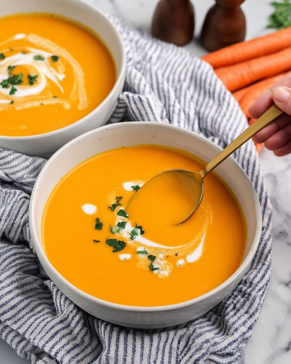 Two white bowls filled with smooth, bright orange soup, each topped with a swirl of white cream and small green herb pieces. In the foreground, a gold spoon filled with the orange soup is held by a woman's hand just above one bowl. Both bowls rest on a soft blue-and-white striped cloth on a white marbled surface. In the background, there are some whole carrots and pepper grinders out of focus. photo taken with an iphone --ar 4:5 --v 7