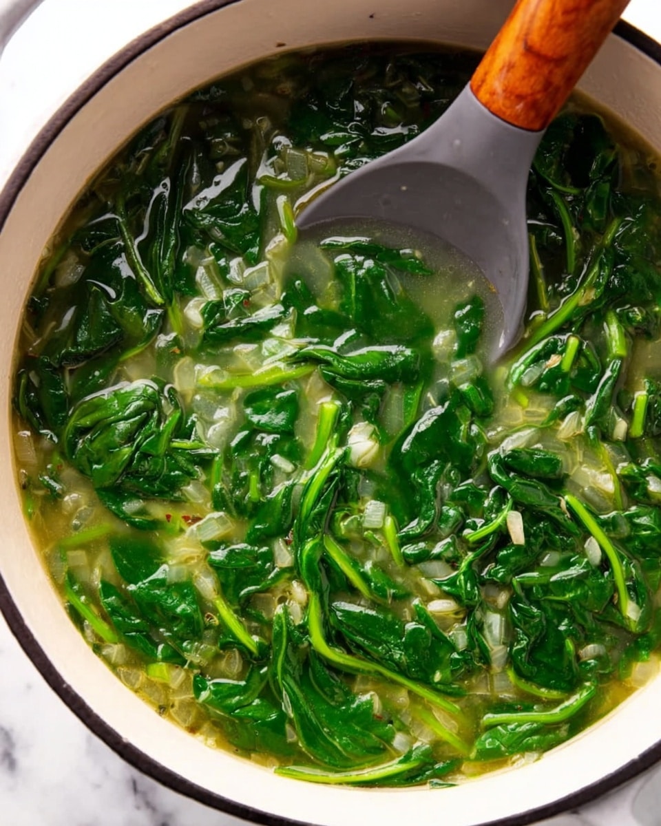 A close-up view of a large white pot filled with a green leafy soup with broth. The soup has tender spinach leaves and small pieces of white onions floating in the light clear broth. There is a grey spatula with a wooden handle resting inside the pot, partially submerged in the soup. The pot sits on a white marbled surface, and the image focuses on the fresh, vibrant green and light colors of the soup. photo taken with an iphone --ar 4:5 --v 7