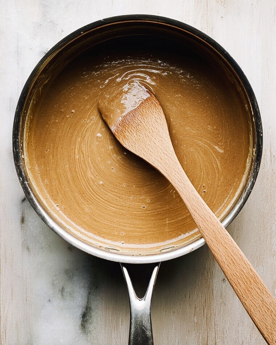 A shiny metal pan holds thick, light brown sauce with a hint of swirl on the smooth surface. In the pan is a light brown wooden spoon with a flat, wide tip resting inside the sauce. The pan sits on a white marbled surface with soft natural lighting. photo taken with an iphone --ar 4:5 --v 7