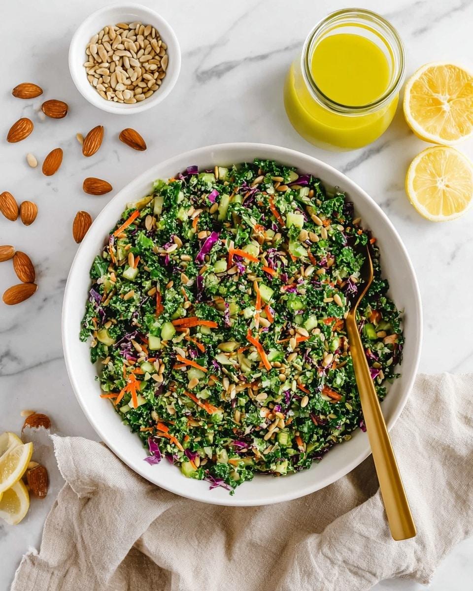 A large white bowl filled with a colorful chopped salad made of finely shredded green kale, purple cabbage, orange carrot bits, and small green cucumber pieces, mixed with light brown sunflower seeds and chopped nuts, sits on a white marbled surface. Around the bowl are scattered whole almonds and two lemon wedges positioned to the right. A clear glass jar with bright yellow dressing is placed above the bowl on the left, next to a small white bowl filled with sunflower seeds. A gold spoon rests inside the salad bowl, partially buried in the greens. A beige cloth is draped on the bottom right corner. Photo taken with an iphone --ar 4:5 --v 7