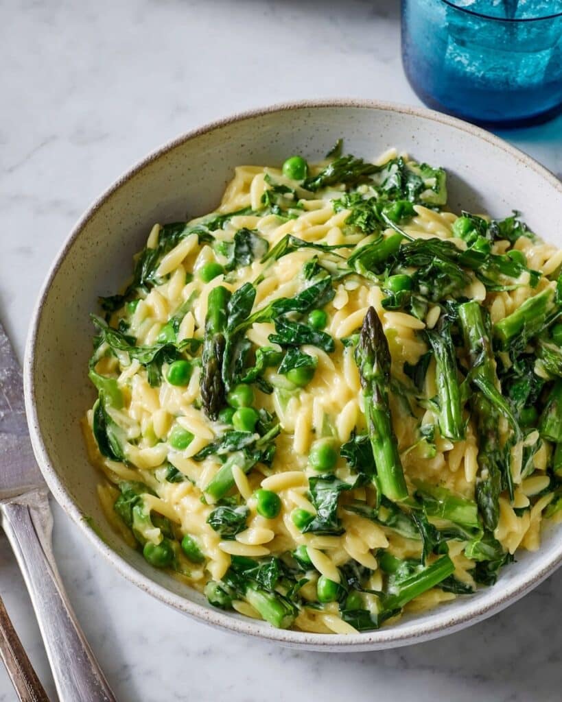 Orzo Risotto with Asparagus, Spinach, and Peas Recipe