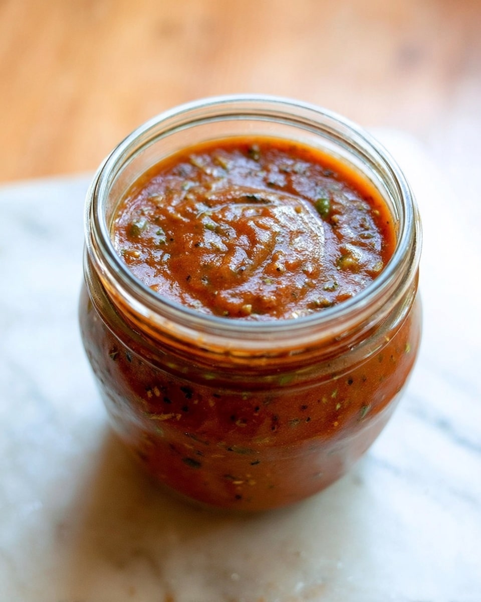 A clear glass jar filled with a thick, reddish-brown sauce that has visible small green and black herbs and spices mixed throughout. The sauce has a slightly chunky texture and a glossy surface with a swirl pattern on top. The jar is sitting on a white marbled textured surface, and the background is softly blurred with warm light. photo taken with an iphone --ar 4:5 --v 7