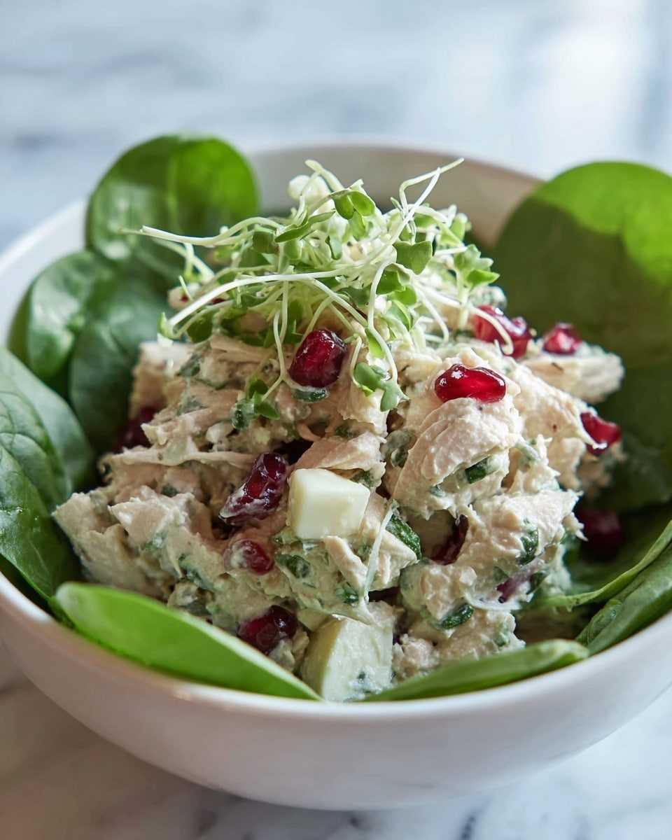 The dish is shown in a deep white bowl set on a white marbled surface. The base layer is made of bright green spinach leaves arranged all around the bowl. On top, there is a thick layer of creamy chicken salad mixed with small red pomegranate seeds and light green finely chopped herbs. There are also visible chunks of white cheese scattered on the chicken salad. The top is garnished with fresh light green microgreens that add a delicate texture and height to the presentation. The lighting is natural, giving a fresh look to the ingredients. photo taken with an iphone --ar 4:5 --v 7
