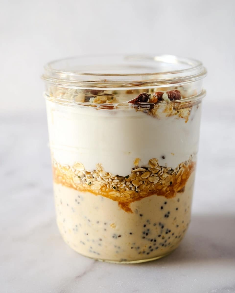 A clear glass jar filled with four visible layers. The bottom layer is a thick layer of golden brown soaked oats with a soft texture. Above it is a beige layer mixed with tiny whole seeds like chia, creating a speckled look. The third layer is a spread of creamy white yogurt mixed with small bits of nuts and seeds visible within. The top layer is a smooth, thick creamy white yogurt without any toppings, filling the jar to the rim. The jar sits on a white marbled surface with soft lighting, showing the smooth and textured layers clearly. Photo taken with an iphone --ar 4:5 --v 7