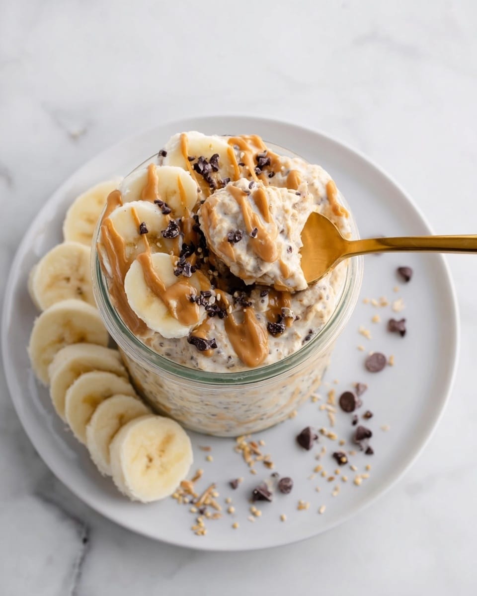 A clear glass jar filled with creamy oatmeal mixed with chia seeds and small dark chocolate chips, topped with banana slices arranged on one side and drizzles of peanut butter on top, placed on a white plate with a neat row of banana slices on one edge and scattered chocolate chips and tiny seeds around the plate, all set on a white marbled surface; a gold spoon inside the jar holds a spoonful of the oatmeal mixture. photo taken with an iphone --ar 4:5 --v 7