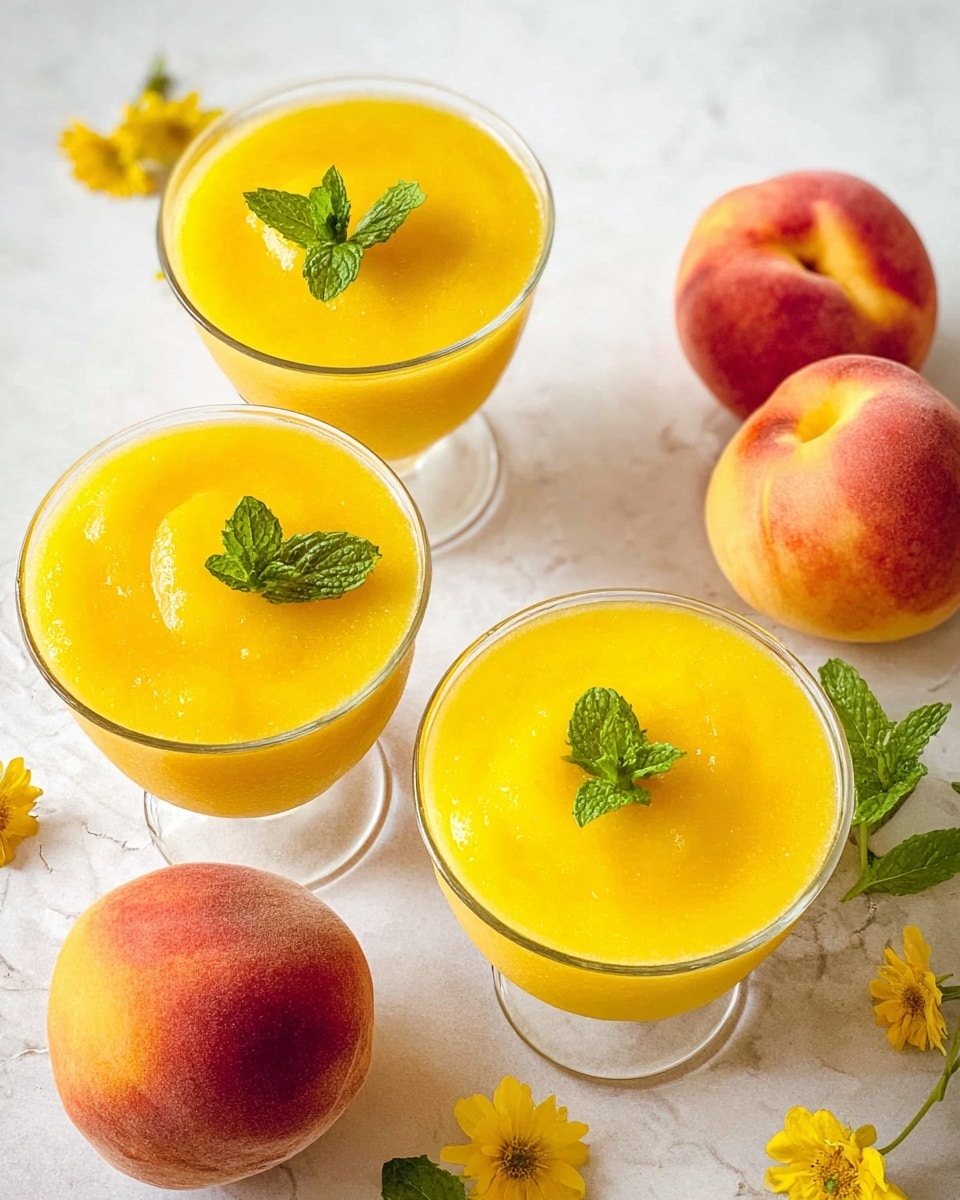 Three clear glass bowls filled with smooth, bright yellow peach puree, each topped with a small green mint leaf cluster, are arranged on a white marbled surface. Around the bowls, there are four whole peaches with a reddish and yellow fuzzy skin, along with scattered green mint leaves and small bright yellow flowers. The overall look is fresh and colorful with a focus on the vibrant yellow puree contrasted by the soft peach colors and fresh mint. photo taken with an iphone --ar 4:5 --v 7