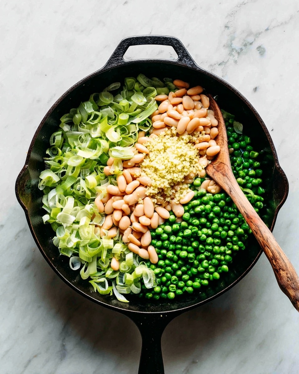 A black cast iron pan sits on a white marbled surface, filled with layers of chopped light green leeks scattered around the edges, bright green peas piled on one side, and light beige beans placed next to the peas in the center. A small mound of finely minced garlic tops the peas and beans. A wooden spoon with a long handle rests inside the pan, slightly stirring the mixture. Photo taken with an iphone --ar 4:5 --v 7