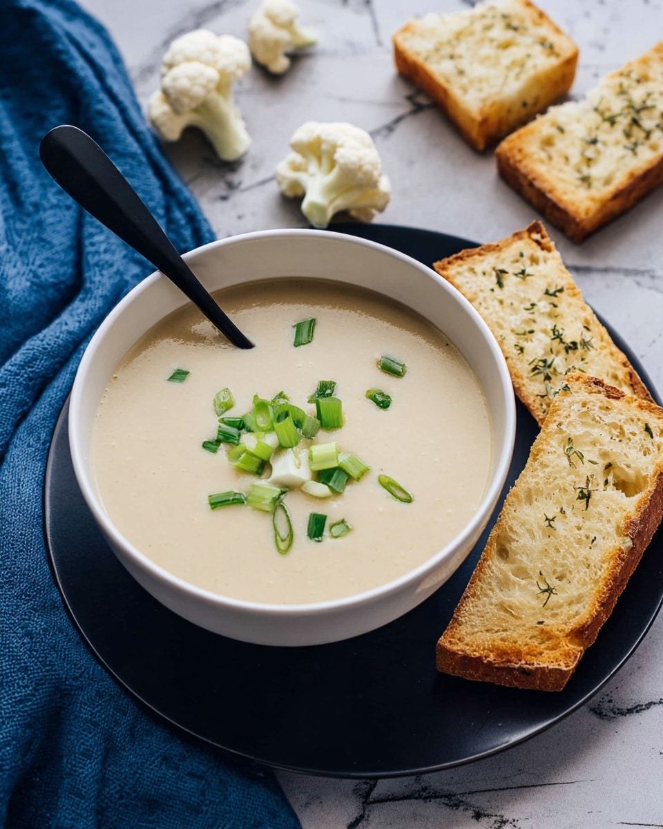 A white bowl filled with smooth, creamy light beige soup, topped with small pieces of bright green chopped scallions, sits on a dark plate that holds two rectangular slices of golden brown garlic bread with herbs on top. The scene is set on a white marbled surface with a blue cloth and some white cauliflower florets scattered nearby. A black spoon rests inside the bowl, partially submerged in the soup. Photo taken with an iphone --ar 4:5 --v 7