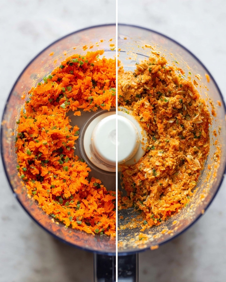 The image shows a clear food processor bowl with two different views of the mixture inside. On the left, the mixture is finely chopped with small, rough pieces, mostly orange with green bits scattered throughout. On the right, the mixture is thicker and more textured, showing a mix of orange and beige colors with visible oats and small chunks creating a dense, mashed look that clings to the sides of the bowl. The bowl is placed on a white marbled surface. photo taken with an iphone --ar 4:5 --v 7