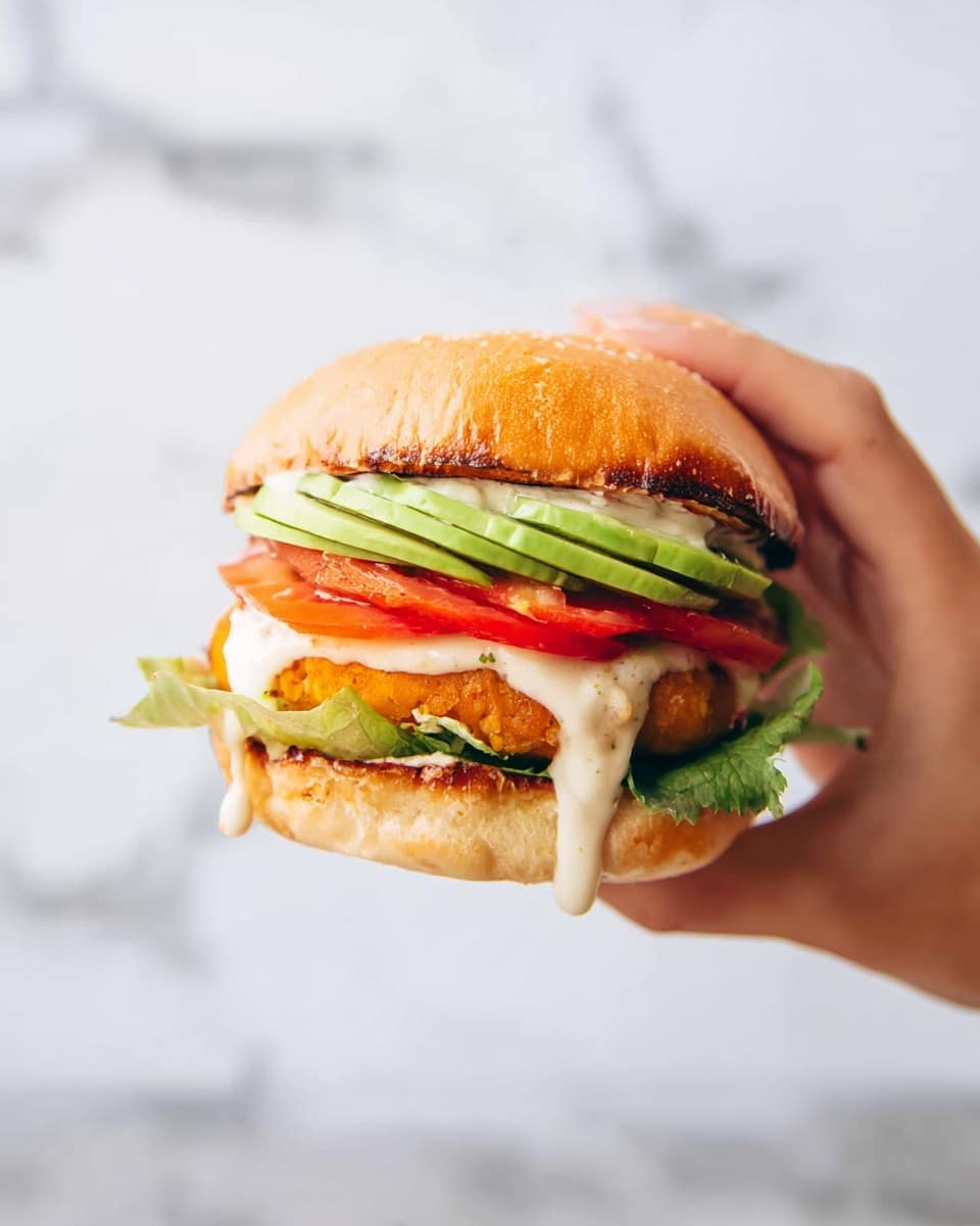 A woman's hand holds a sandwich with five layers visible: a soft golden brown bun on top, two slices of green avocado beneath it, a slice of red tomato covered in white creamy sauce that drips slightly, a thick orange patty in the middle, and a piece of green lettuce on the bottom bun. The background has a white marbled texture with a soft focus. photo taken with an iphone --ar 4:5 --v 7