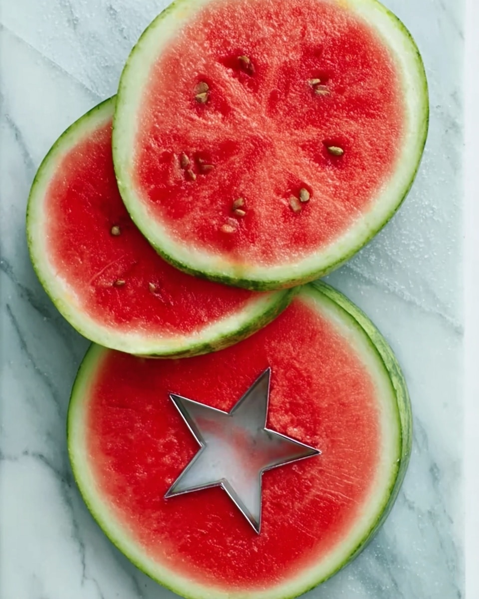 The image shows three slices of watermelon placed on a white marbled surface. The two upper slices are whole, displaying bright red flesh with small dark seeds, and thick green rinds with white inner edges. The bottom slice has a silver star-shaped cookie cutter pressed into the red flesh, creating a star pattern. The colors are vibrant, with the red of the watermelon standing out clearly against the pale green rind and white marbled surface. The photo taken with an iphone --ar 4:5 --v 7