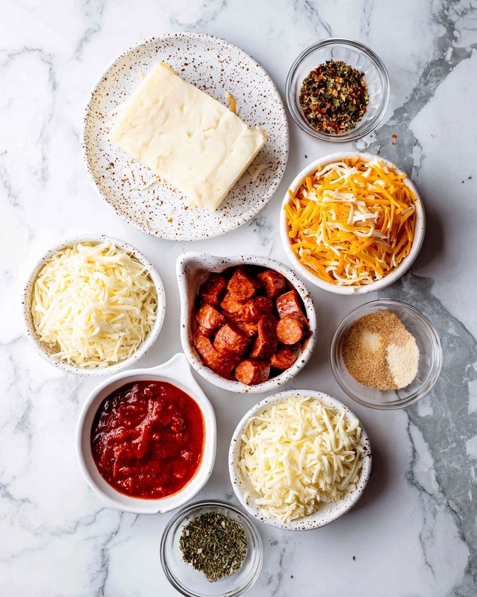The image shows several small white bowls and a white speckled plate arranged on a white marbled surface. The plate holds a block of white cheese. Surrounding it are bowls filled with shredded white cheese, shredded orange cheese, mini sliced sausage pieces, and a rich red marinara sauce in a small white measuring cup. There are three tiny bowls with green and brown dried herbs and a small bowl with light brown powder, all spaced evenly around the main items. The scene has a bright, clean look with a top-down view. photo taken with an iphone --ar 4:5 --v 7