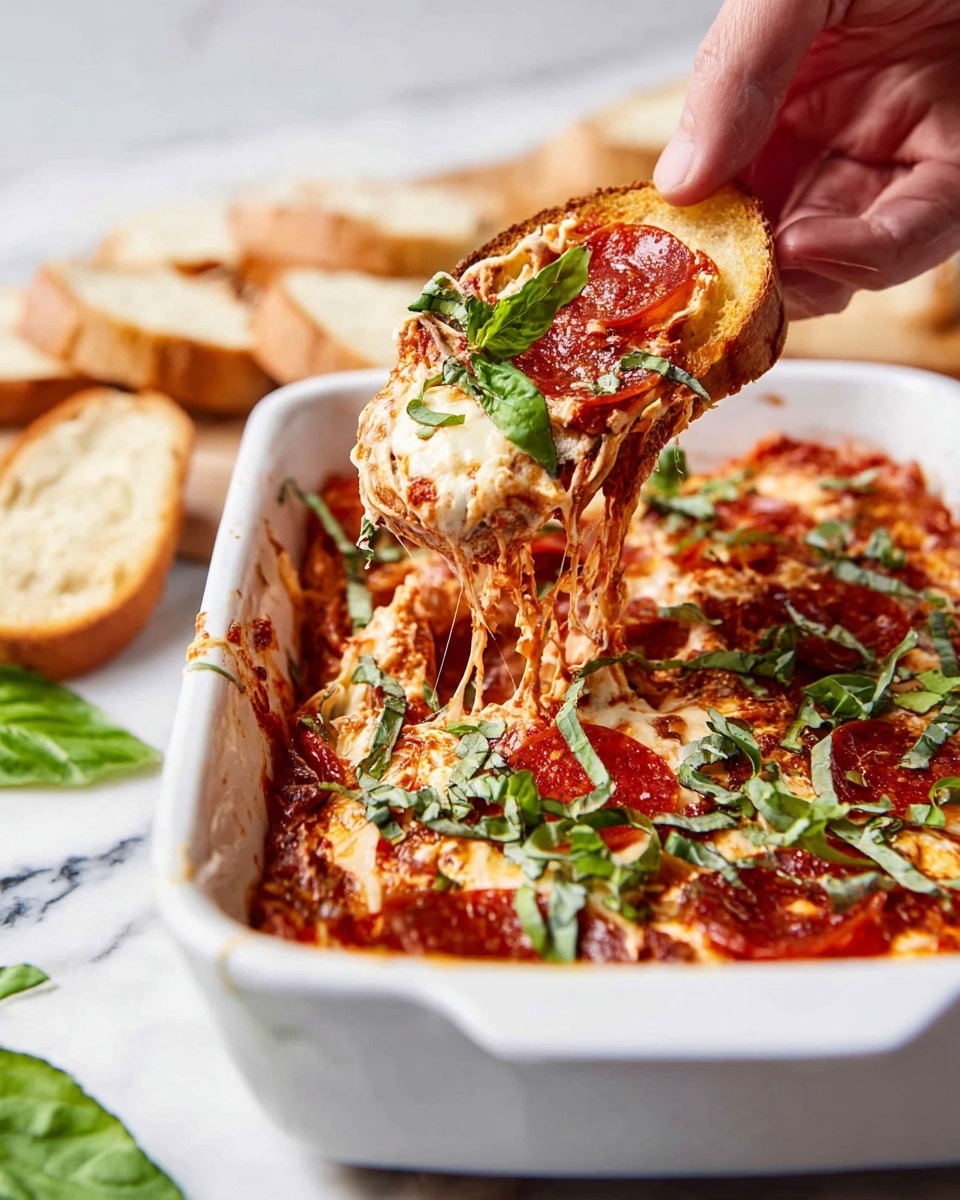 A white rectangular dish holds a layered dip where the bottom layer is a smooth, bright red sauce, topped by a thick layer of melted, slightly stringy cheese mixed with small pepperoni slices and fresh green basil leaves scattered on top. A woman’s hand is lifting a toasted bread piece covered in the same melted cheese, red sauce, and pepperoni, with cheese stretching from the dish to the bread. The background is a white marbled surface with blurred bread in the distance. photo taken with an iphone --ar 4:5 --v 7