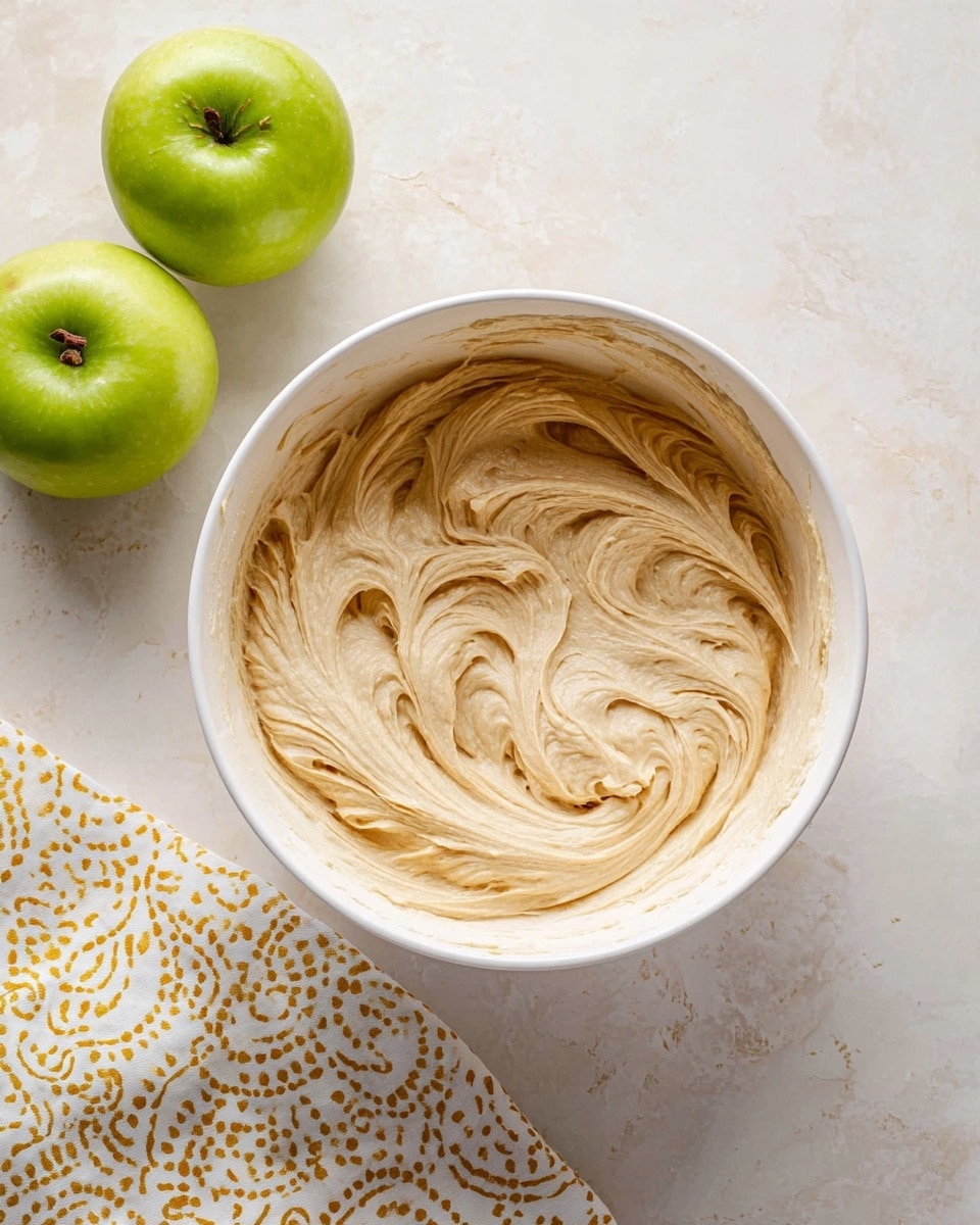 A white mixing bowl filled with a light tan creamy mixture that has smooth swirls and soft peaks, suggesting it was freshly whipped or stirred. The bowl sits on a white marbled surface, and to the top left of the bowl are two green apples with small brown stems. At the bottom left corner, there is a cloth napkin with a white and mustard yellow geometric pattern. The overall look is clean and simple with soft natural light. photo taken with an iphone --ar 4:5 --v 7