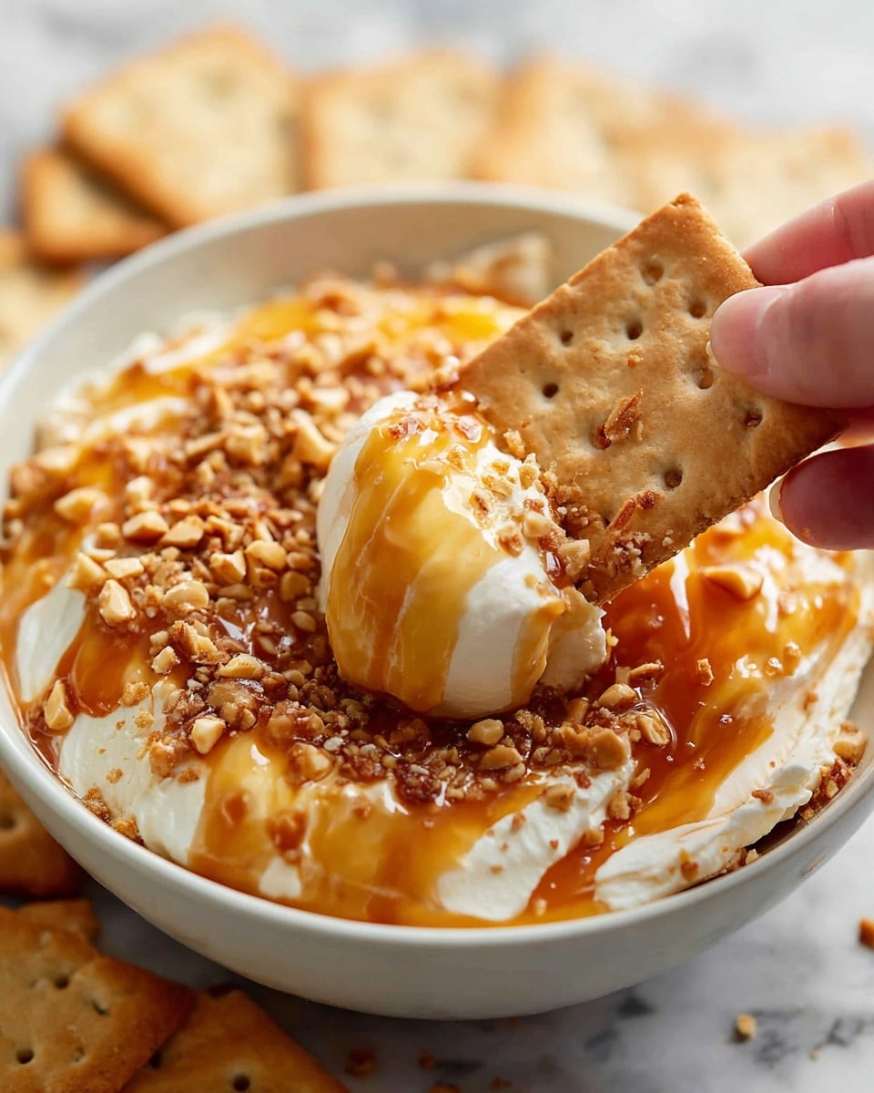A white bowl is filled with a creamy white spread mixed with a smooth orange drizzle and sprinkled with small brown crunchy bits. A woman's hand is holding a light brown square cracker with small holes, which is dipped into the spread, covered in the creamy mixture, orange drizzle, and crunchy bits. The background shows more light brown crackers on a white marbled texture surface. Photo taken with an iphone --ar 4:5 --v 7