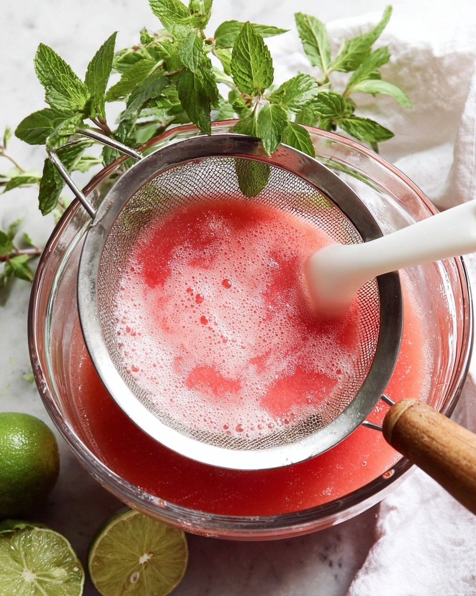 A close-up image showing bright pink fruit puree being pushed through a fine metal strainer with a white silicone spoon, the puree having a smooth and slightly frothy texture. The strainer sits over a large clear glass bowl with a faint reddish tint. Around the bowl, green mint leaves and half a lime with bright green skin rest on a white marbled surface, along with a white cloth in the background. The wooden handle of the strainer is visible, and the whole setup is bright and clean. Photo taken with an iphone --ar 4:5 --v 7