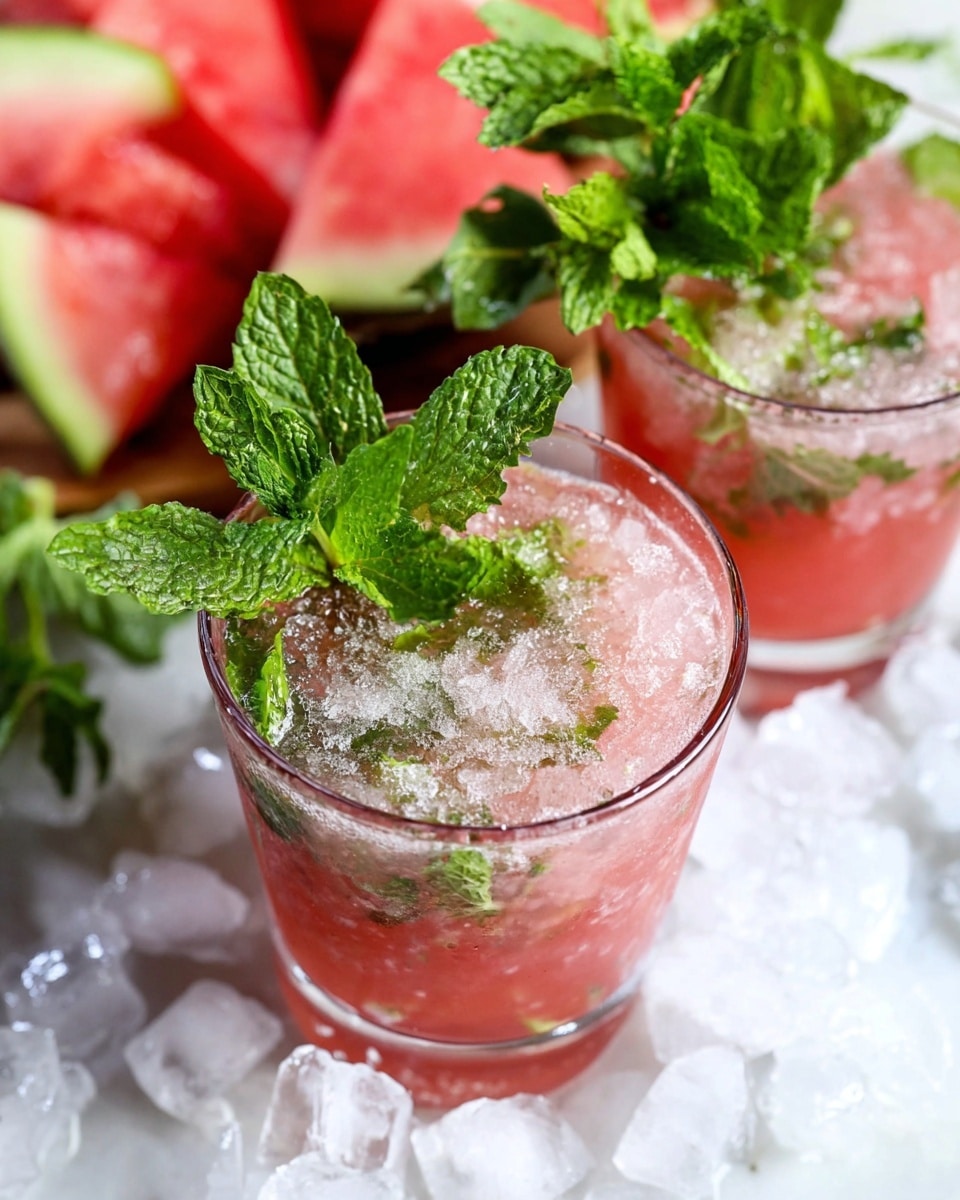 A close-up of two clear glasses filled with pale pink crushed ice drink, topped with bright green fresh mint leaves. The background shows blurred slices of watermelon in red and green shades. The scene is set on a white marbled surface scattered with ice cubes. photo taken with an iphone --ar 4:5 --v 7