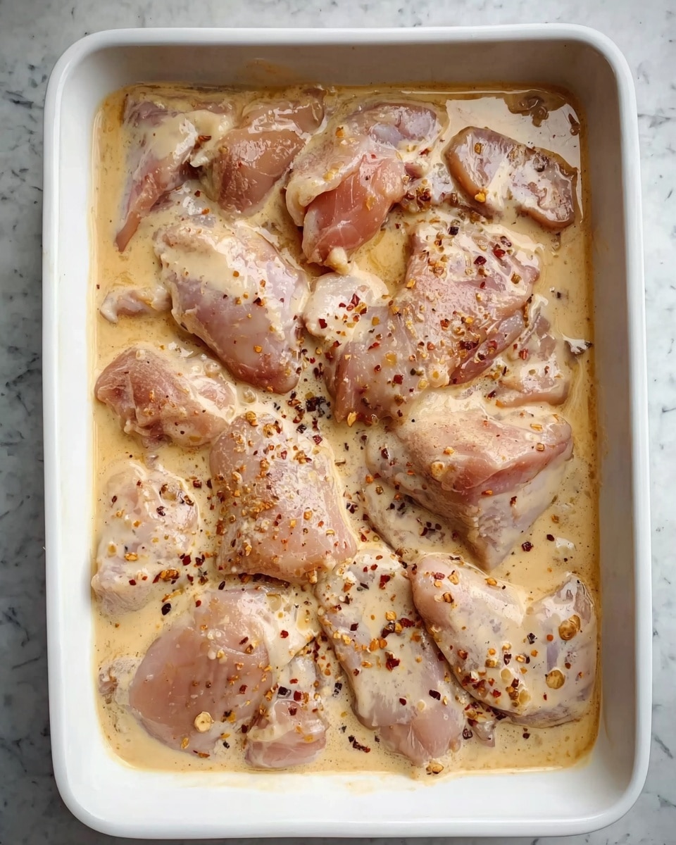 A white rectangular dish filled with several pieces of raw chicken submerged in a creamy beige sauce that looks smooth with some small bubbles and specks of spices. The chicken pieces vary in size and are arranged in a single layer, partially overlapping each other. The dish is set on a white marbled surface. photo taken with an iphone --ar 4:5 --v 7