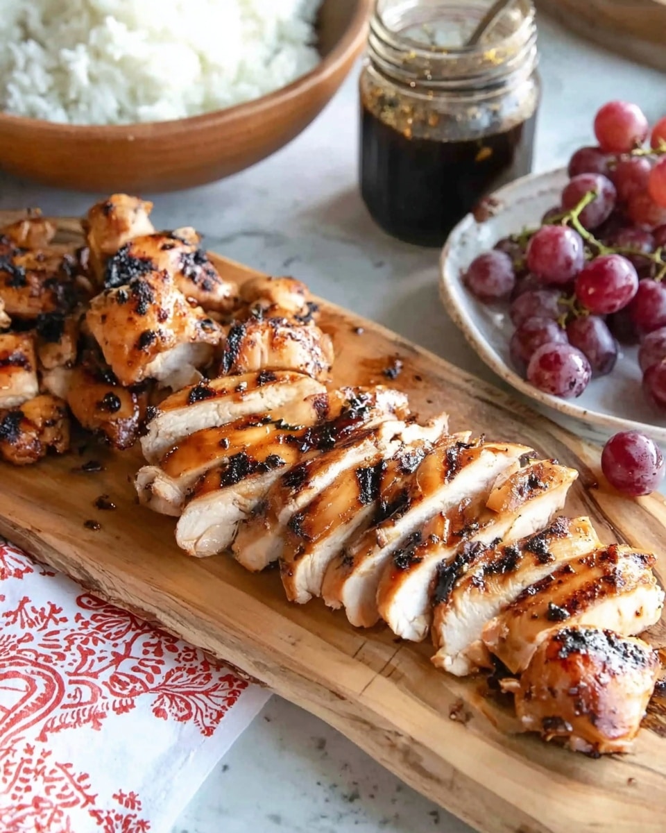 A wooden board filled with several slices of grilled chicken, each piece showing a golden brown color with darker grilled edges and grill marks, arranged in a slightly overlapping way. Behind the board, a light brown bowl full of white rice sits next to a jar containing dark sauce, both on a white cloth with red patterns. To the side, a white dish holds red grapes with green stems. The whole scene is set on a white marbled textured surface. Photo taken with an iphone --ar 4:5 --v 7
