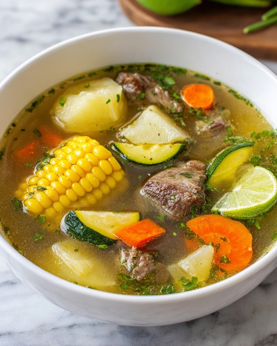 A white bowl filled with clear broth soup showing four main layers: a pale yellow corn cob piece on the left, bright orange carrot chunks scattered throughout, light yellow potato chunks mostly in the center, and brown beef pieces on the right side. There are green zucchini slices and chopped fresh green herbs sprinkled over the soup. A small lime wedge floats near the beef on the top right. The bowl sits on a white marbled surface photo taken with an iphone --ar 4:5 --v 7