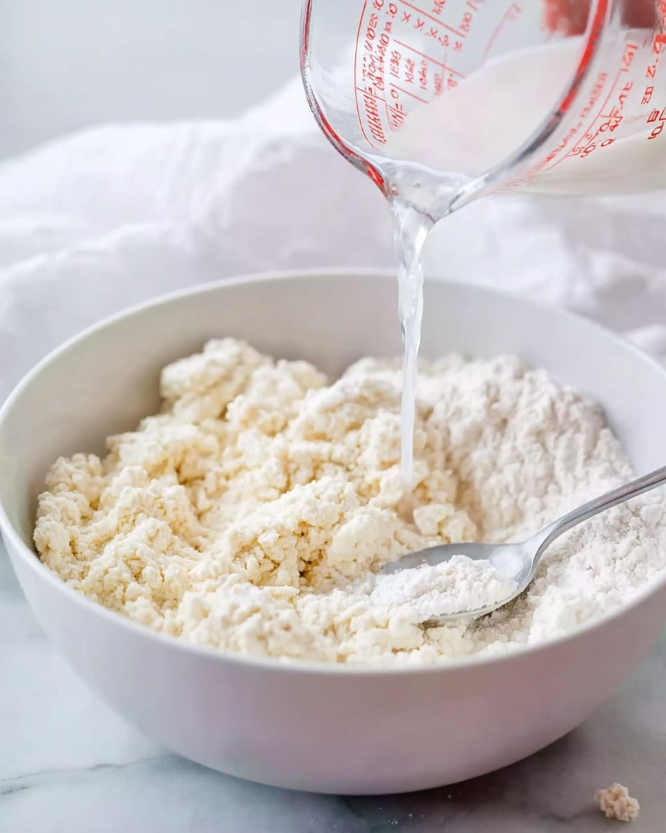 A white bowl filled with a crumbly white dough mixture sits on a white marbled surface. A woman's hand pours clear liquid from a glass measuring cup with red markings into the bowl. Inside the bowl, a silver spoon rests on the side, partially covered in the dough mixture. Soft white cloth is visible blurred in the background. Photo taken with an iphone --ar 4:5 --v 7