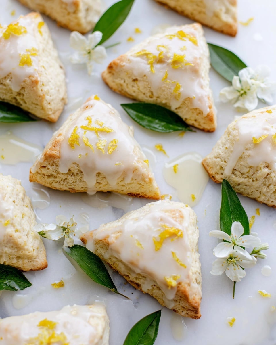 The image shows multiple triangular scones placed on a white marbled surface, each lightly golden on the edges with a soft, crumbly texture. The scones have a glossy white glaze drizzled over the top, creating a thin, shiny layer that drips slightly down the sides. Small bits of orange zest are scattered on top of the glaze, adding a pop of color. Around the scones, there are small white flowers and green leaves, which add a fresh and natural touch to the scene. The overall look is bright and delicate, focusing on the light-colored scones and fresh decoration. photo taken with an iphone --ar 4:5 --v 7