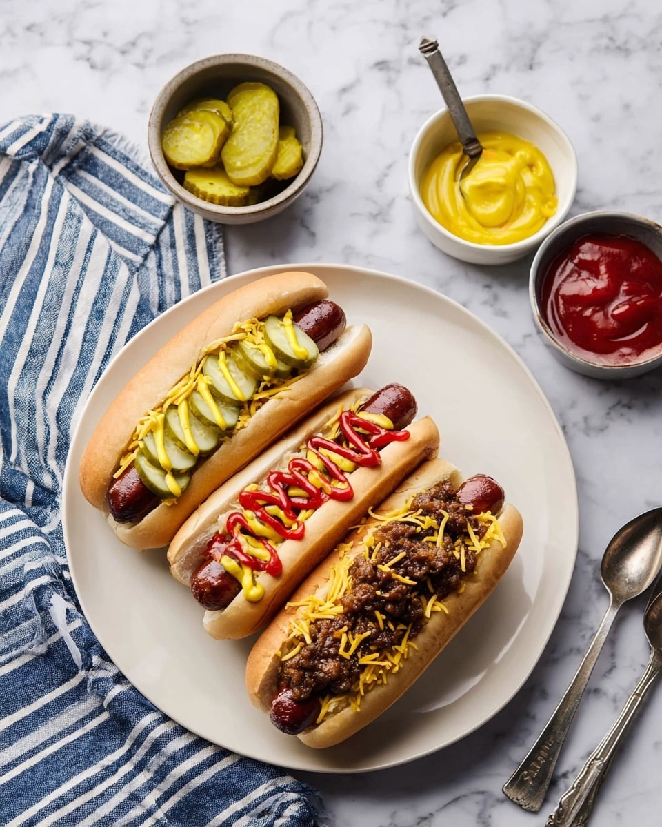 Three hot dogs sit on a white plate, each in a soft bun. The first two hot dogs have dark brown sausages topped with light green pickle slices, bright yellow shredded cheese, and red ketchup in zigzag lines. The third hot dog shows a sausage covered with dark brown bits on the top, yellow mustard in a zigzag, and a lighter bun. In the background on a white marbled surface are three small bowls: one with stacked yellow-green pickles, one with thick yellow mustard and a spoon, and one filled with red ketchup. A blue and white striped cloth is partially visible above the bowls, and two metal spoons lay next to the plate. photo taken with an iphone --ar 4:5 --v 7