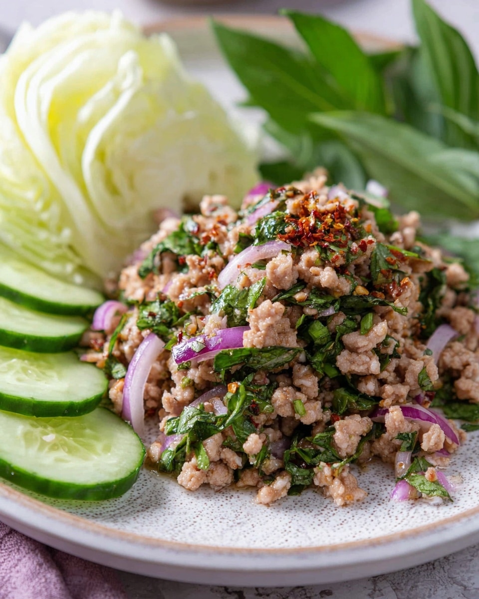 The dish shows a close-up of a white plate with a textured white marbled surface underneath, featuring minced light brown meat mixed with bright green herbs, thin slices of purple onion, and specks of red chili flakes spread on top. On the left side of the plate, there are fresh cucumber slices with dark green skin and pale green inside, along with wedges of pale yellow cabbage. The minced mixture sits in the center, looking juicy and mixed evenly with the herbs and onions. The background is softly blurred with a hint of green leaves to the top right. The photo taken with an iphone --ar 4:5 --v 7