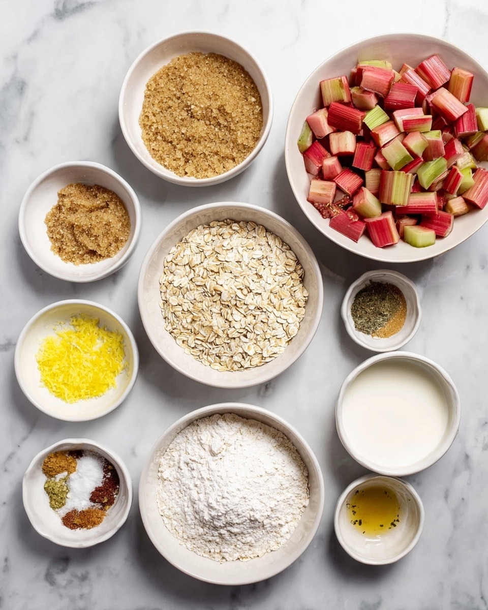 A set of nine white bowls are arranged on a white marbled surface, each containing a different baking ingredient. The largest bowl on the right holds chopped rhubarb pieces in shades of red and green. Surrounding it are smaller bowls filled with dry and wet ingredients: light brown sugar with a crumbly texture, rolled oats that are pale beige, white flour, bright yellow lemon zest, a small amount of melted butter with a shiny yellow color, a mix of brown and beige spices, a white powder resembling cornstarch, and a bowl of white liquid, possibly milk or cream. The ingredients are neatly presented and evenly spaced, capturing a clean and organized baking setup. photo taken with an iphone --ar 4:5 --v 7
