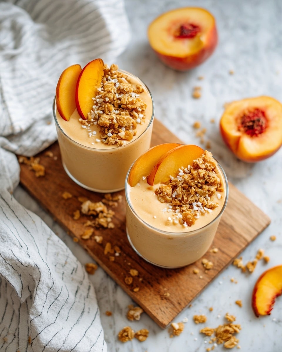 Two glasses filled with a creamy light orange smoothie sit on a small wooden board on a white marbled surface. Each glass is topped with crumbled golden granola scattered over the smoothie surface and small white seeds sprinkled on top. A fresh slice of bright yellow-orange peach with a red edge is placed on the rim of each glass. Around the board are loose granola bits and peach halves showing their orange flesh and brown pits. To the left, a soft white cloth with thin black stripes is partially visible. Photo taken with an iphone --ar 4:5 --v 7