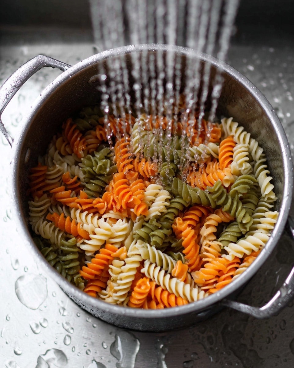 The image shows a metal pot filled with three-color rotini pasta, with spirals in orange, white, and green. Water is pouring onto the pasta from above, creating shining streaks and making the pasta look wet and fresh. The pot is placed in a sink with droplets of water visible around it, and the background is a white marbled texture. The pot’s metal finish is smooth and slightly shiny, with handles on the sides visible. photo taken with an iphone --ar 4:5 --v 7