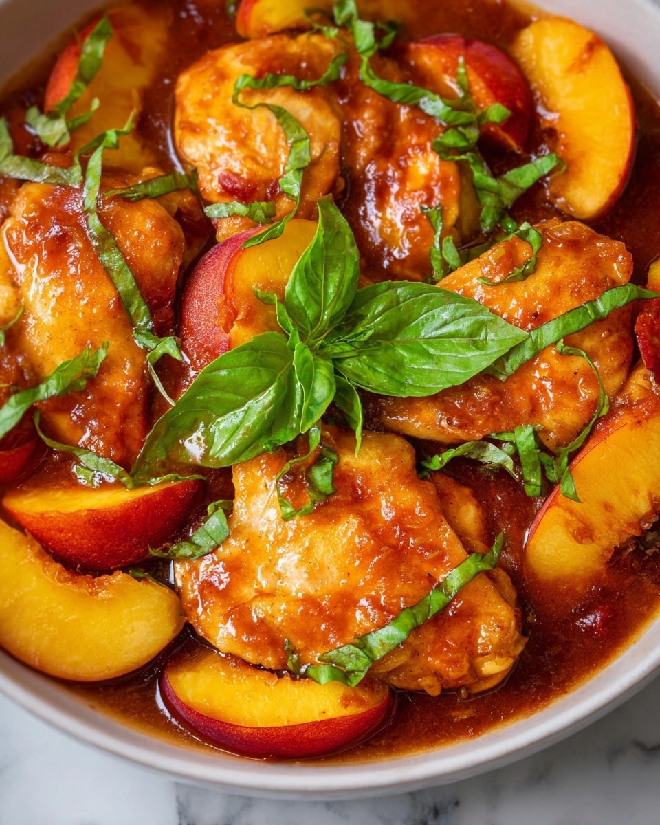 The image shows a dish with several golden-brown cooked chicken pieces arranged closely in a sauce that has a rich reddish-brown color and a glossy texture. Around and between the chicken pieces are thick slices of soft peach with warm orange and yellow hues, partially covered by the sauce. Thin green strips of fresh basil leaves are scattered over the top, adding a fresh touch, with one large green basil leaf placed on the center chicken piece. The overall scene is vibrant and colorful, with a mix of smooth and slightly rough textures, all set on a white marbled surface. Photo taken with an iphone --ar 4:5 --v 7